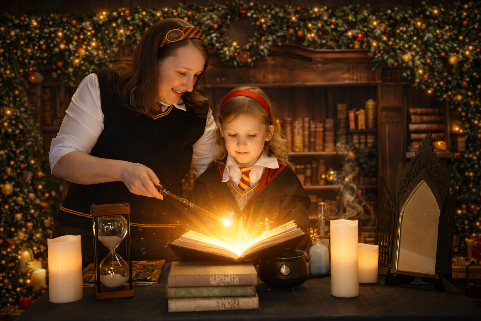 Little Witch & Mom Casting Holiday Magic - Dumbledore's Library - Wizarding World Holiday Experience -Jennifer Mummert Photography